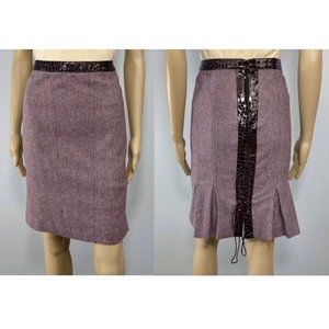 Bebe Pencil Skirt Size 6 Plum Purple Wool Tweed Leather Trim Pleated Lace Up